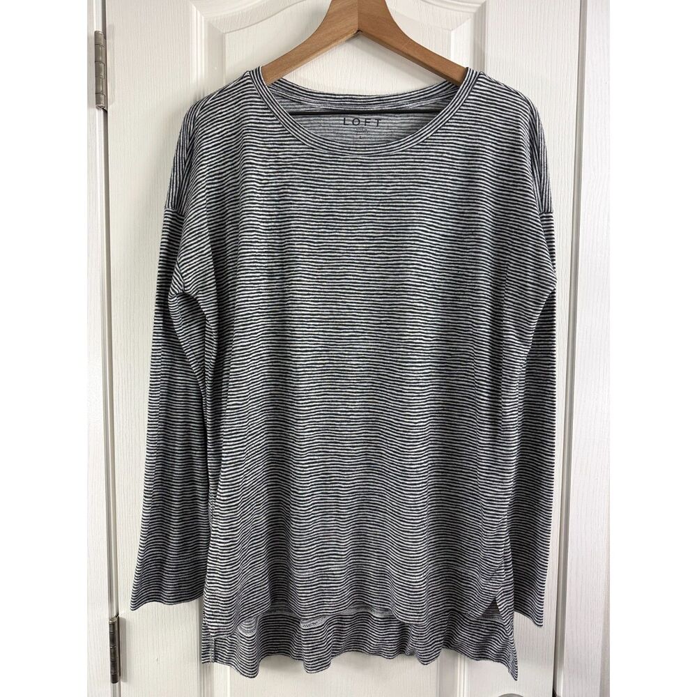LOFT Women’s Long Sleeve Striped Top Size L Black White Modal Blend Tunic